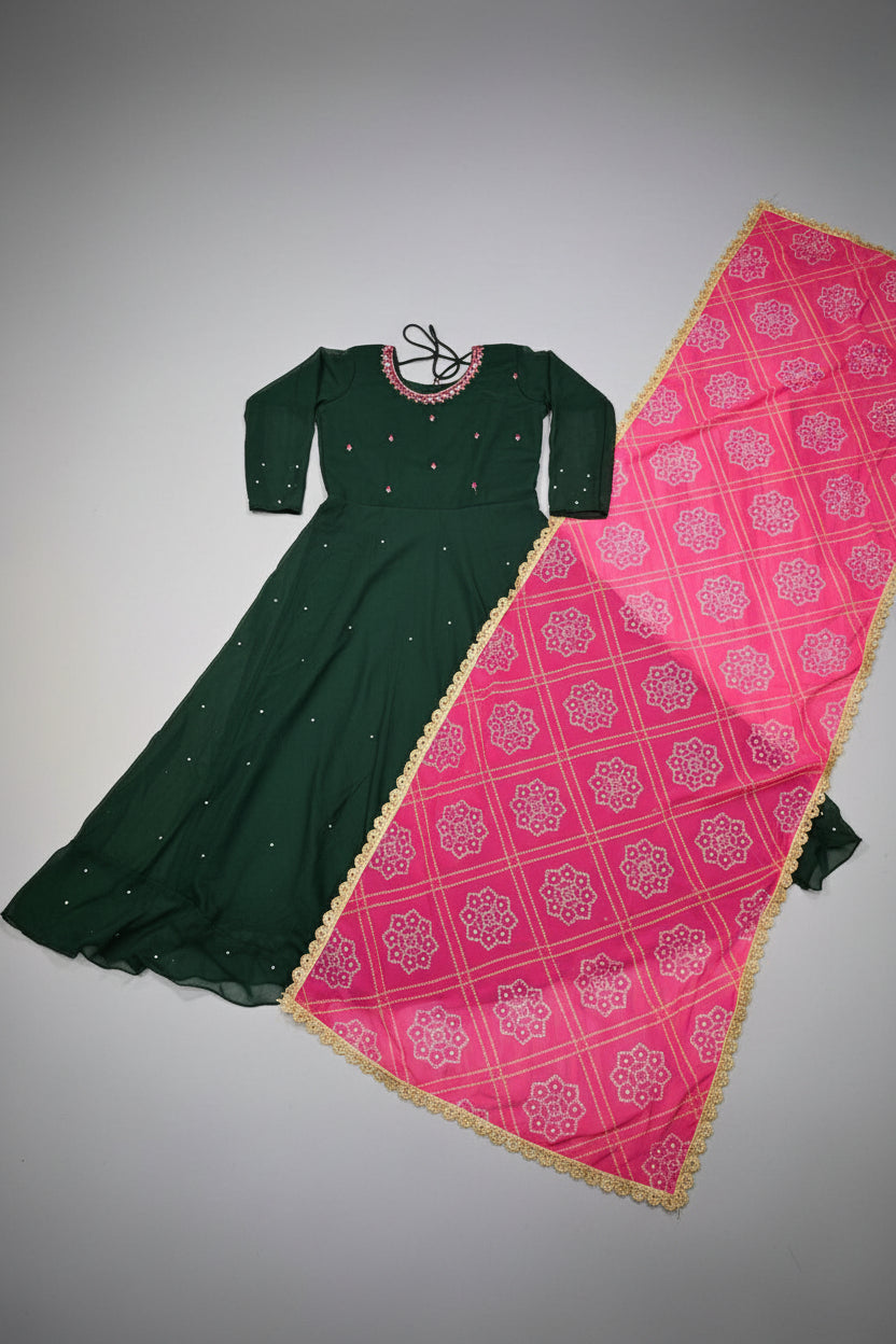 Women'S Solid Georgette Gown Kurta With Dupatta, Long Kurti Ethnic Dress Set For All Occasions