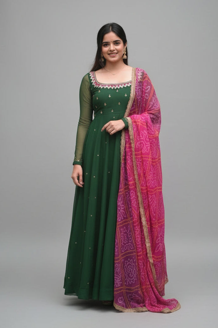 Women'S Solid Georgette Gown Kurta With Dupatta, Long Kurti Ethnic Dress Set For All Occasions
