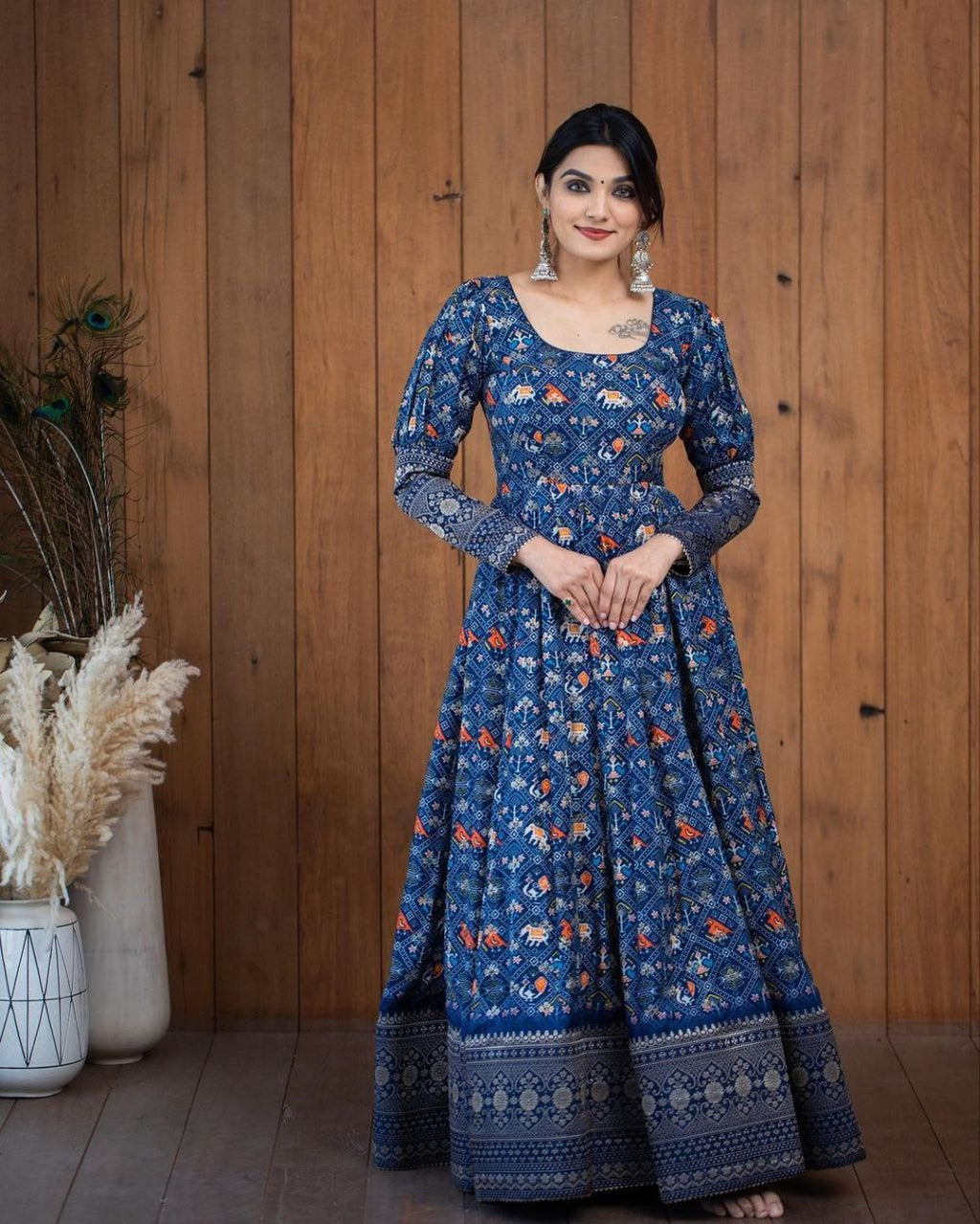 Women’s Stylish Printed Georgette Gown – Trendy Party Wear Dress for Wedding & Festival (Multicolor)