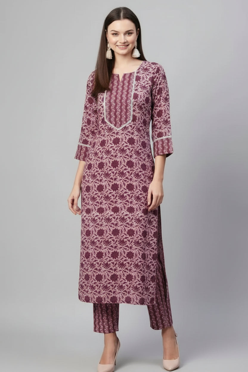 Floral Printed Women Cotton Kurta with Pant Set (2 Pcs Set)