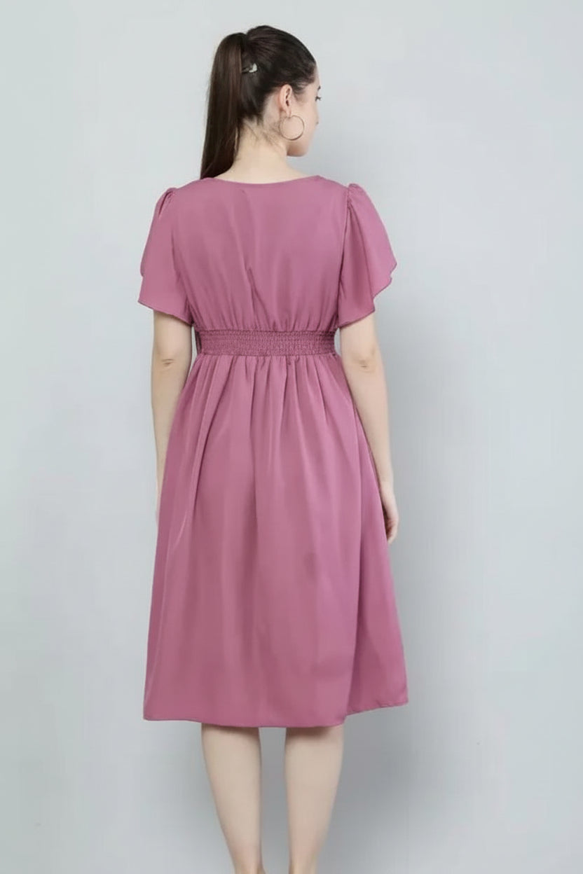 Women Pink Solid Viscose Rayon Fit And Flair Dress
