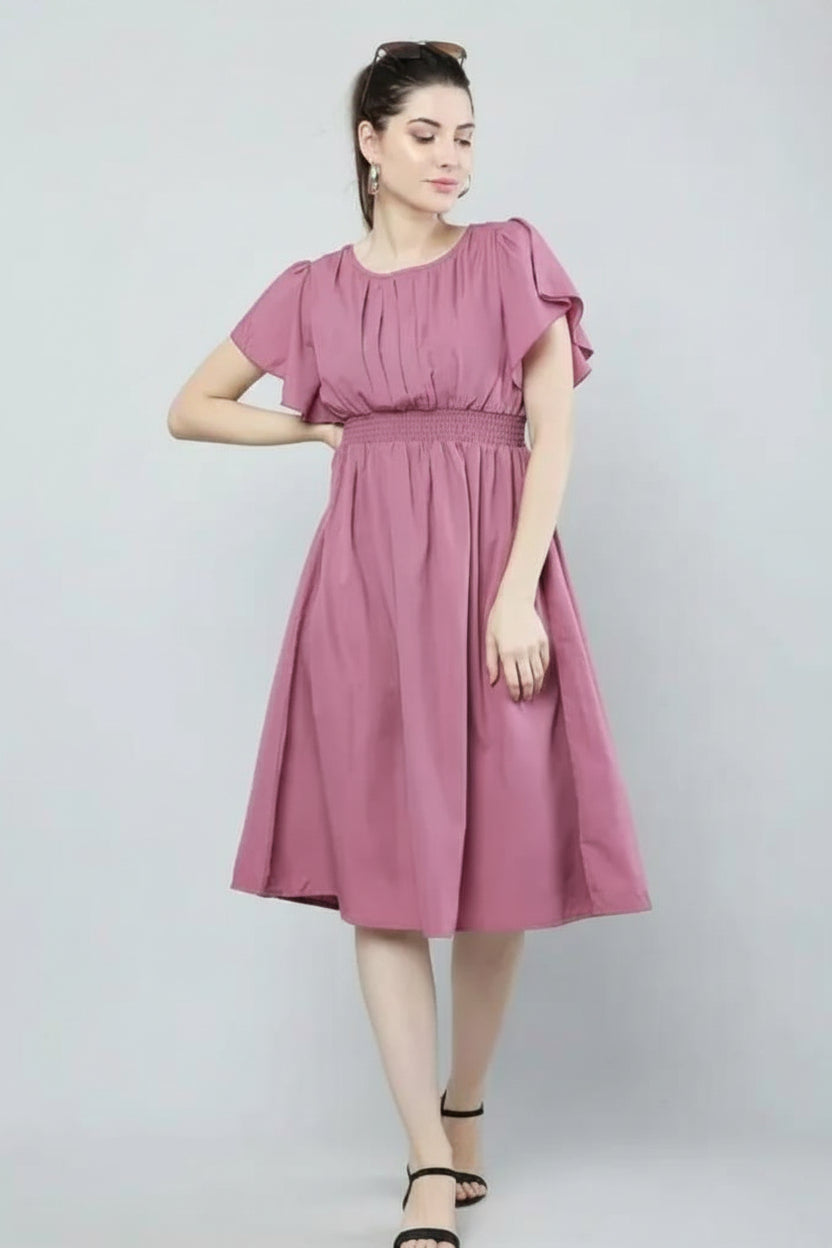 Women’s Pink Solid Viscose Rayon Fit & Flare Dress – Elegant Casual Wear