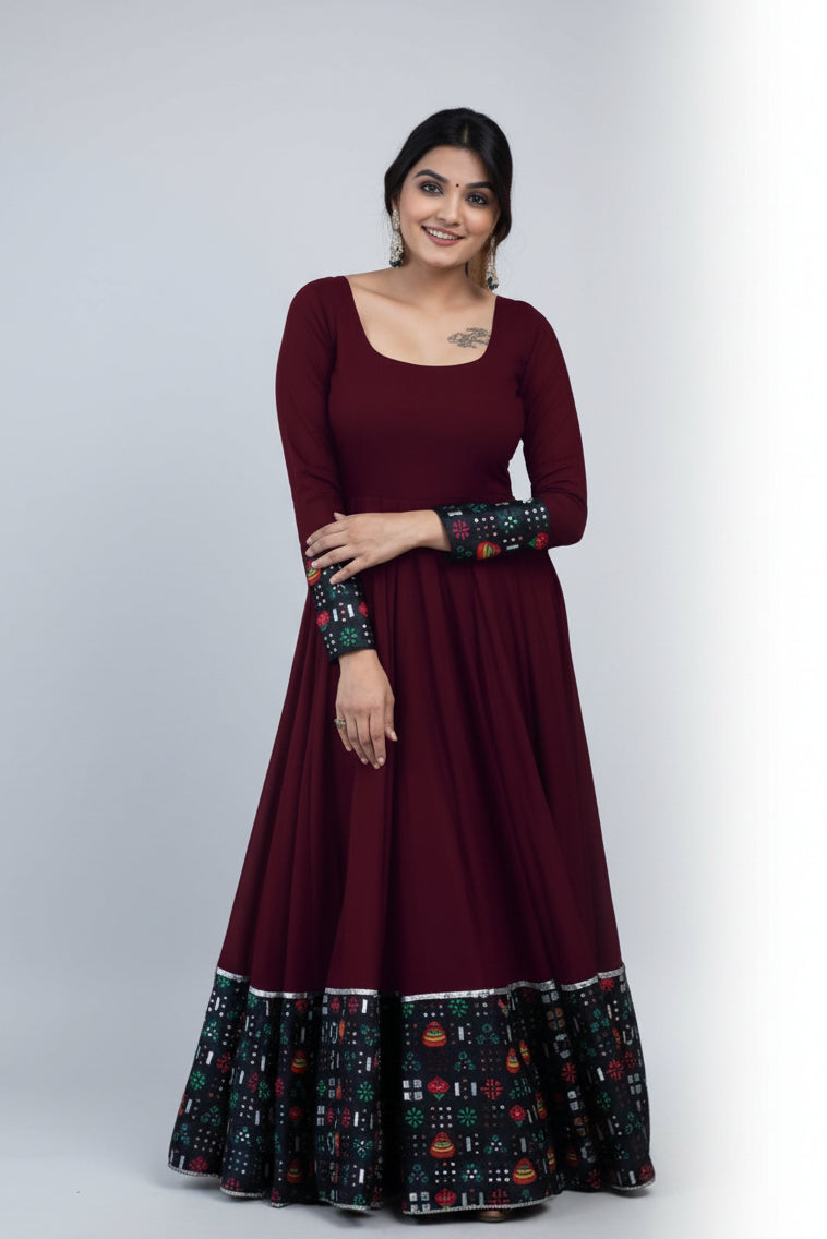Women's Rayon Solid Pattern Full Sleeve Gown – Elegant Maxi Dress (Maroon)