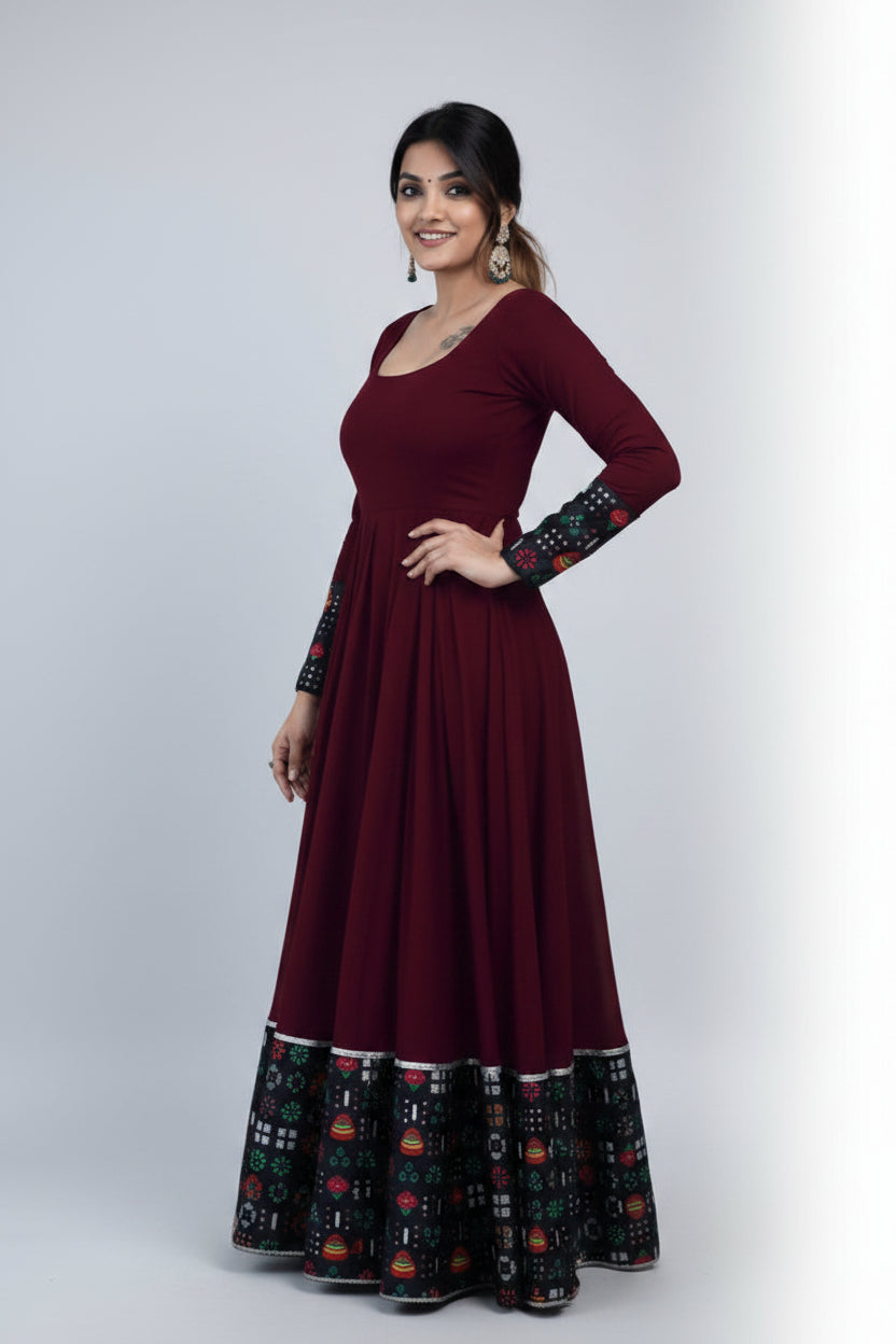 Women's Rayon Solid Pattern Full Sleeve Gown – Elegant Maxi Dress (Maroon)