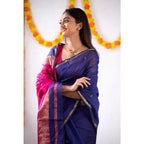 Generic Women's Cotton  Printed Saree With Unstitched Blouse 5.5Mtr (Blue)