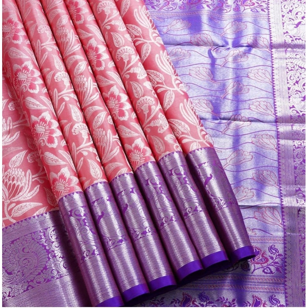 Generic Women's Soft Lichi Silk Printed Saree With Unstitched Blouse 5.5Mtr (Purple)