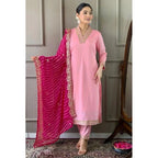 Generic Women's Roman Silk Embroidery 3-4th Sleeve V-Neck Kurti With Pant Dupatta Set (Pink)