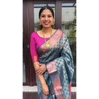 Generic Women's Litchi silk Printed Saree With Unstitched Blouse (Blue)