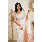 Generic Women's Litchi silk Printed Saree With Unstitched Blouse (White)