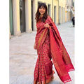 Generic Women's Litchi silk Printed Saree With Unstitched Blouse (Red)