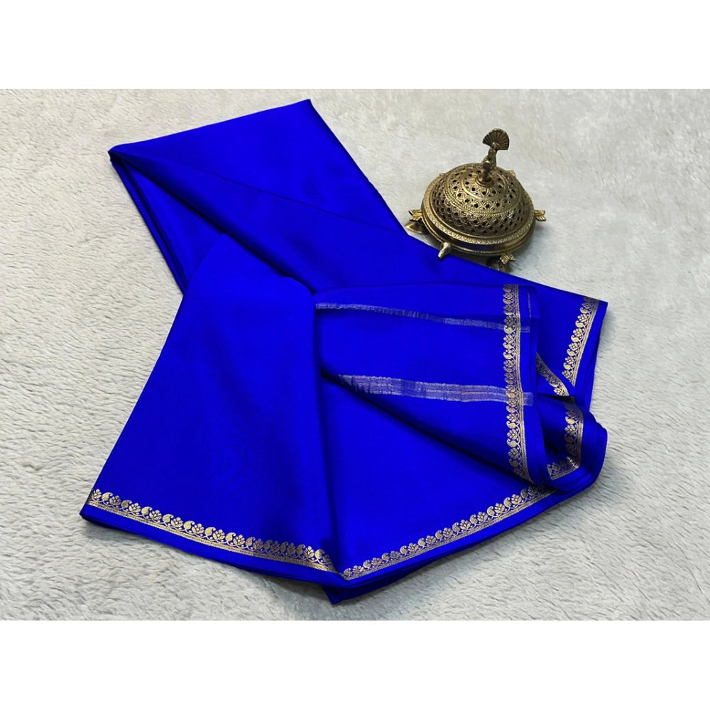 Generic Women's Crepe Chit Pallu Solid Saree With Unstitched Blouse 5.5Mtr (Blue)