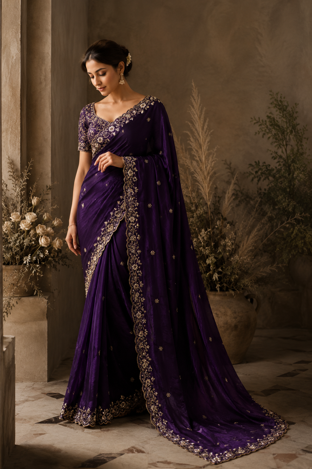 Women's Silk Embroidered Saree with Unstitched Blouse – Elegant Traditional Wear (Wine, 5.5 Mtr)
