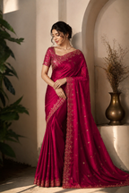 Women's Silk Embroidered Saree with Unstitched Blouse – Elegant Traditional Wear (Wine, 5.5 Mtr)