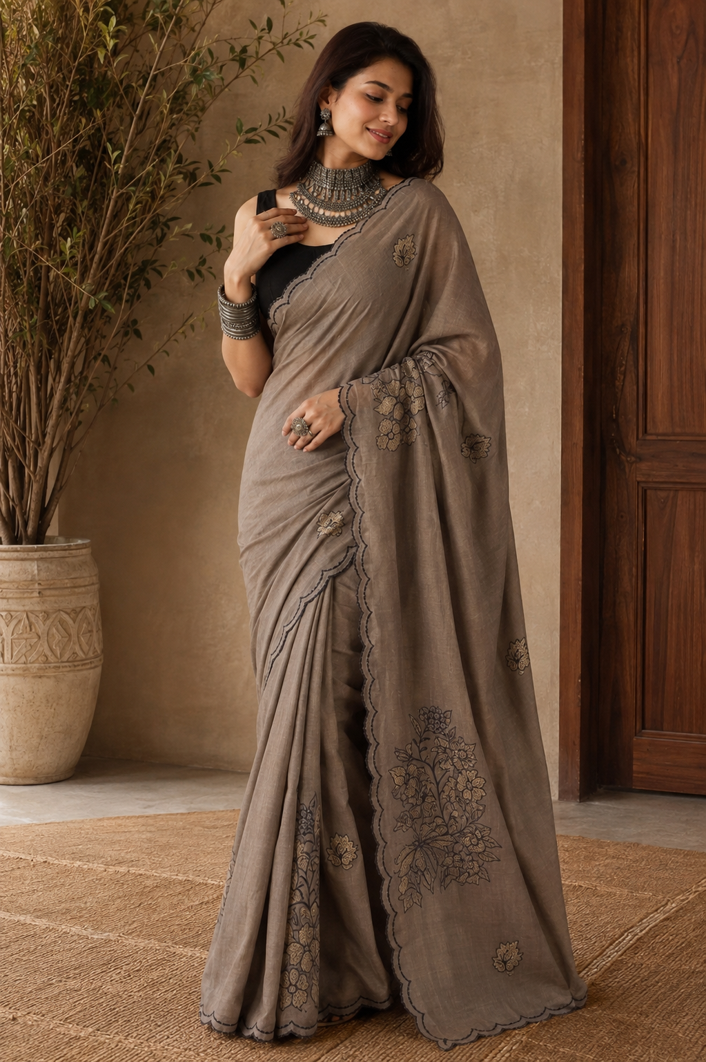 Generic Women's Viscose Silk Embroidered Saree With Unstitched Blouse 5.5Mtr (Brown)