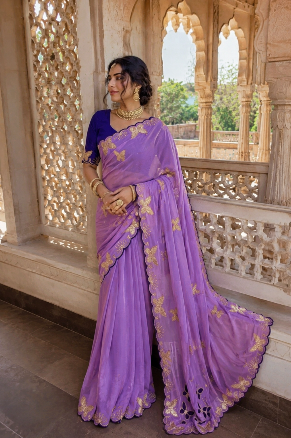 Generic Women's Star Georgette Embellished Saree With Unstitched Blouse 5.5Mtr (Lavender)