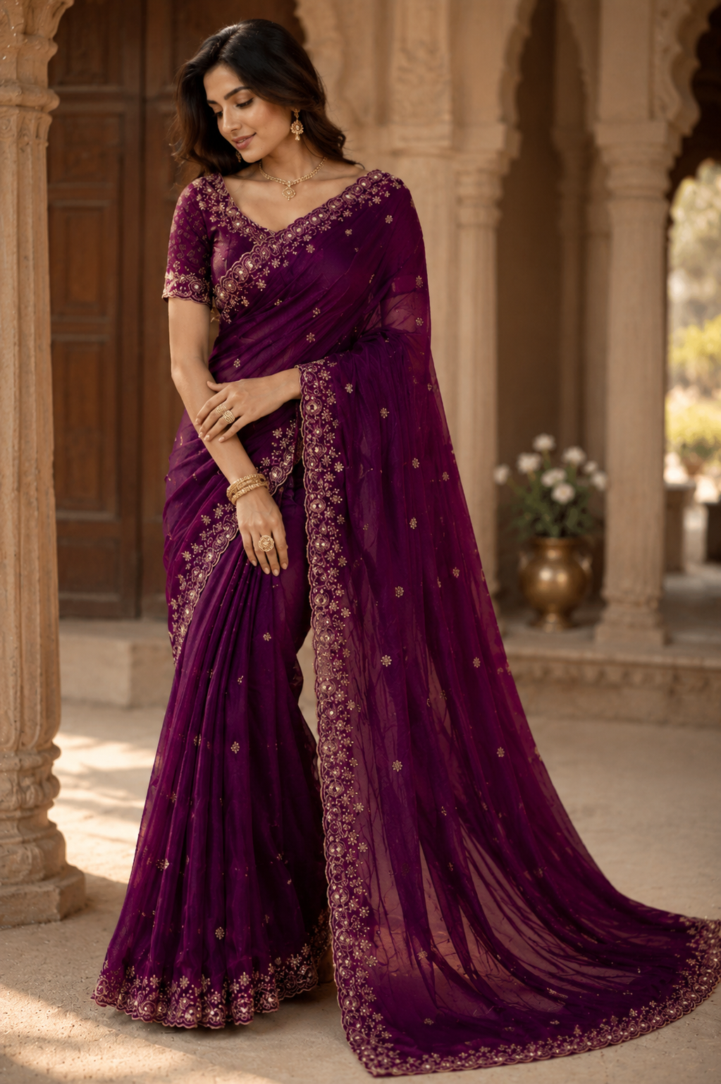 Generic Women's Silk Embroidered Saree With Unstitched Blouse 5.5Mtr