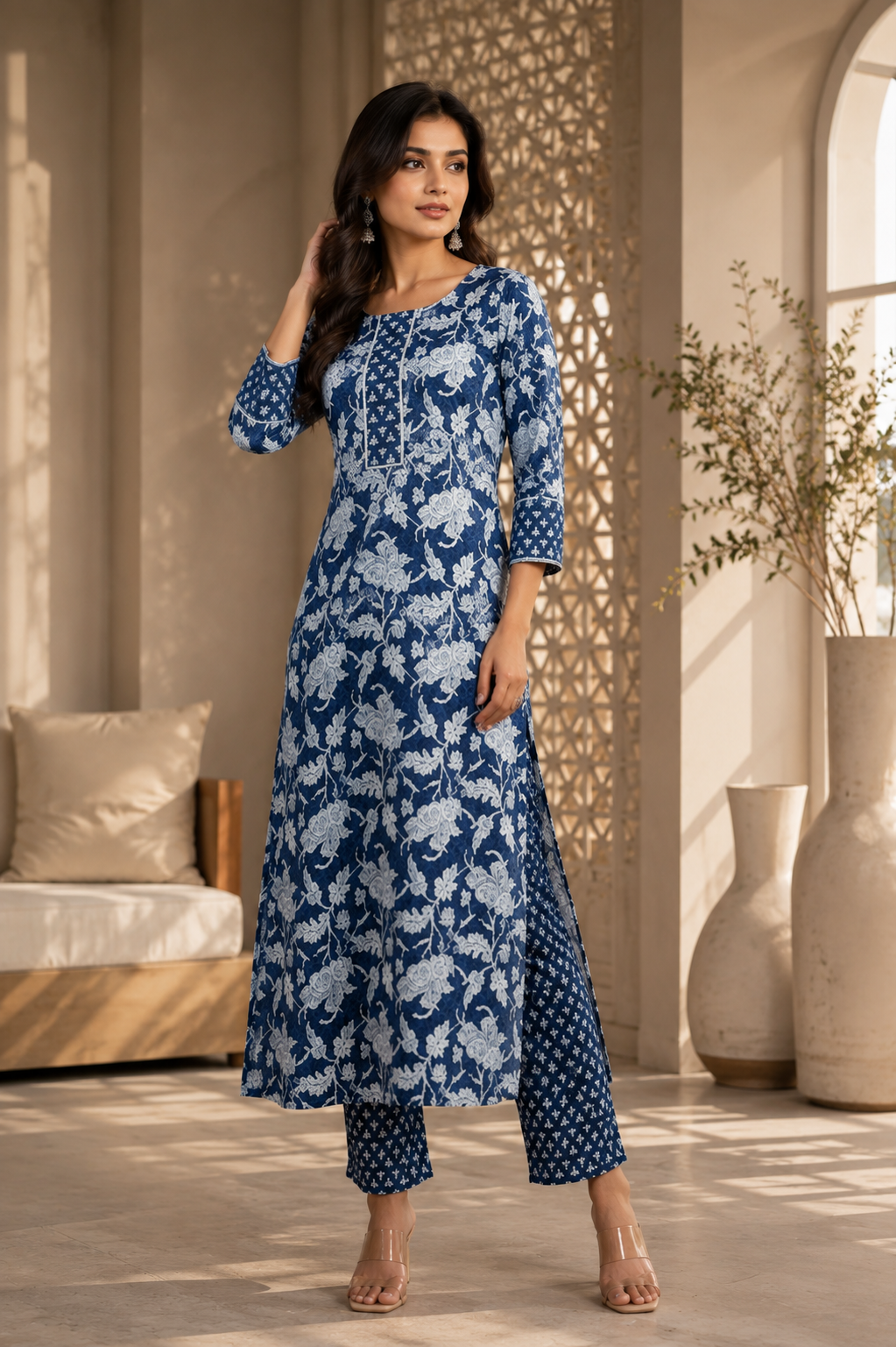 Women’s Floral Round Neck Kurta Set (No Dupatta)