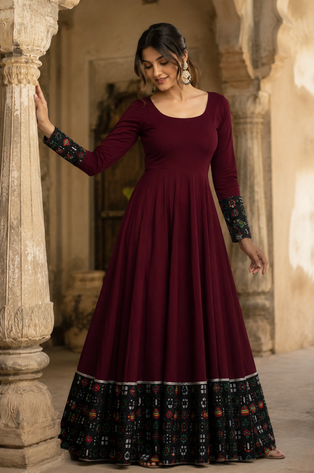 Women's Rayon Solid Pattern Full Sleeve Gown – Elegant Maxi Dress (Maroon)