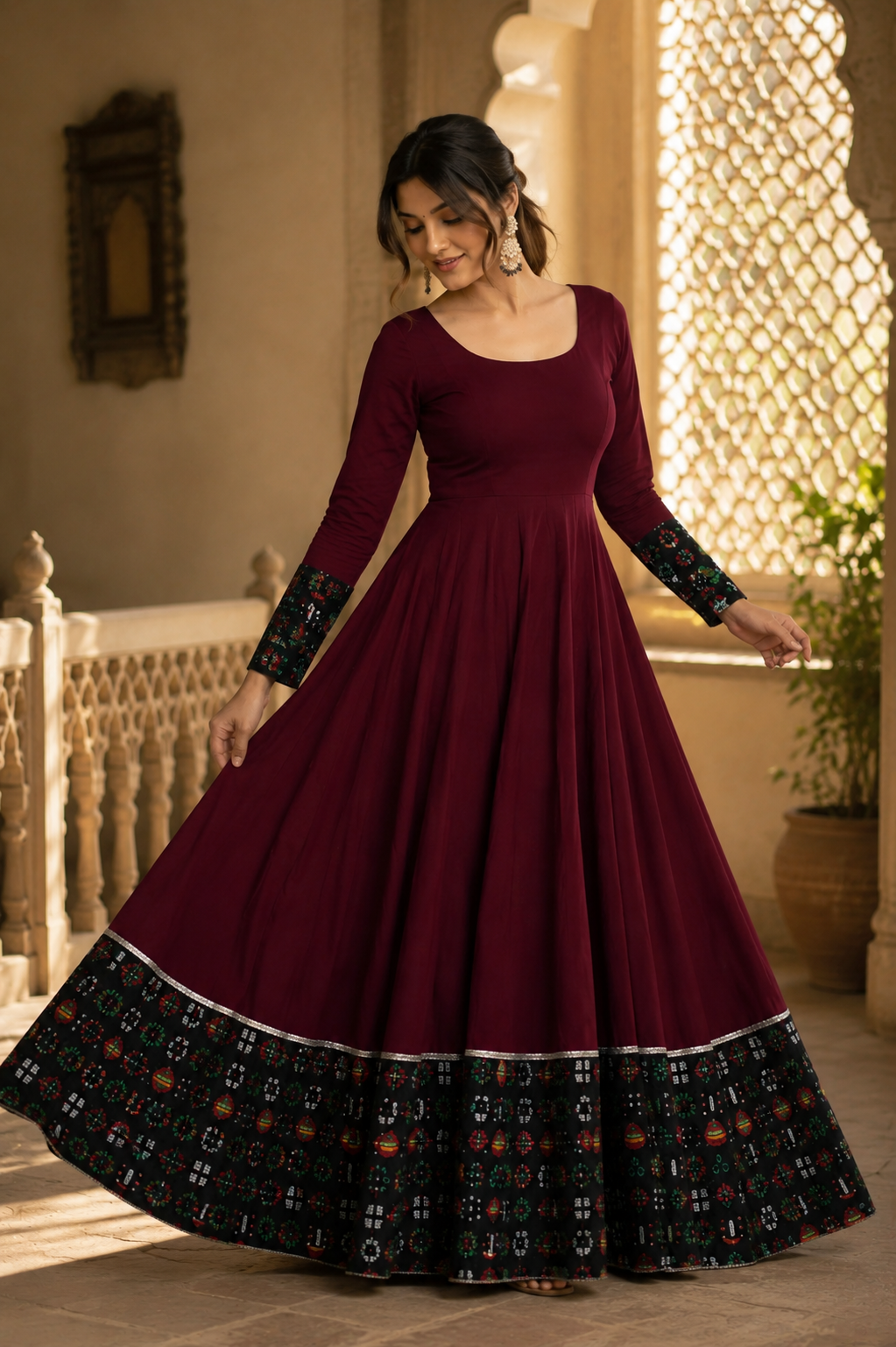 Women's Rayon Solid Pattern Full Sleeve Gown – Elegant Maxi Dress (Maroon)