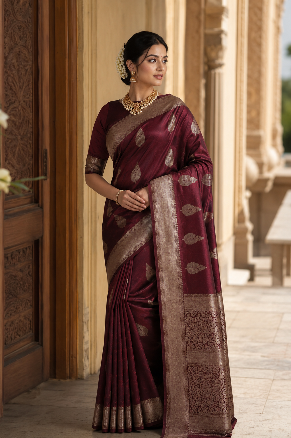 Women’s Art Silk Saree with Blouse – Elegant Traditional Wear (Dark Red, 6.3M)