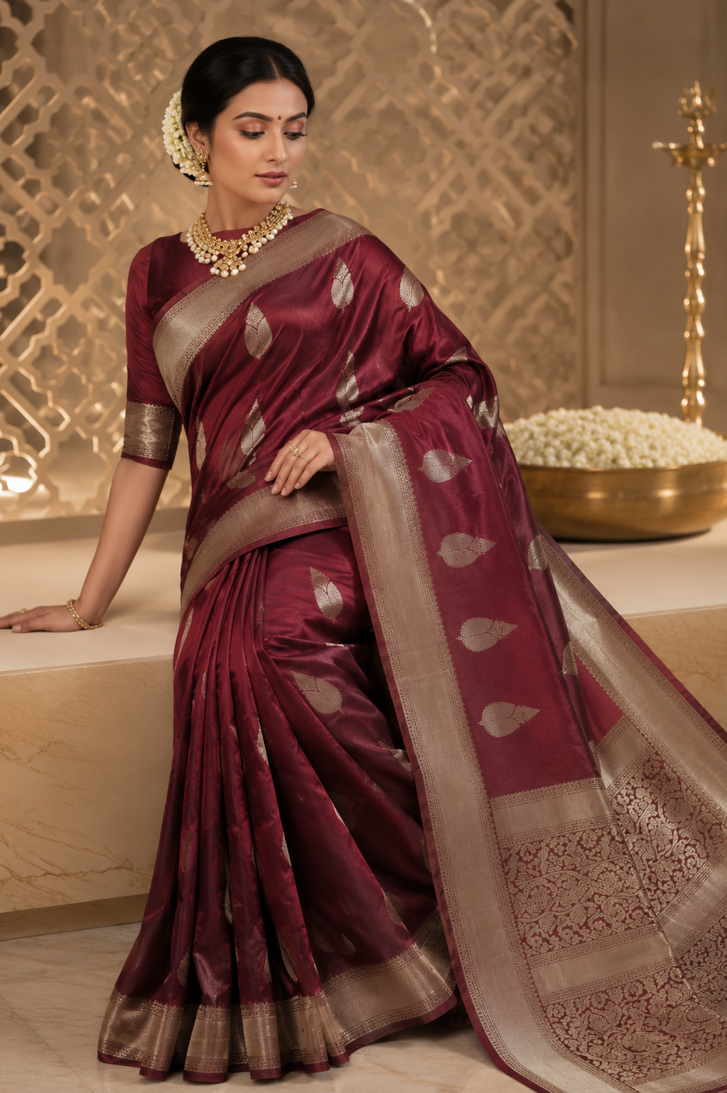 Women’s Art Silk Saree with Blouse – Elegant Traditional Wear (Dark Red, 6.3M)
