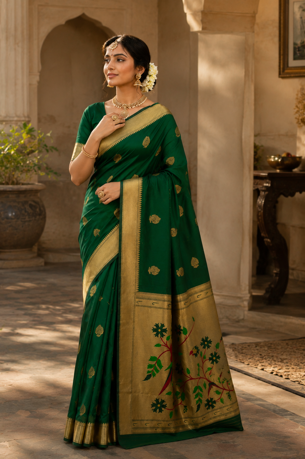 Women’s Jacquard Saree with Blouse – Elegant Traditional Wear (Green, 6.3M)