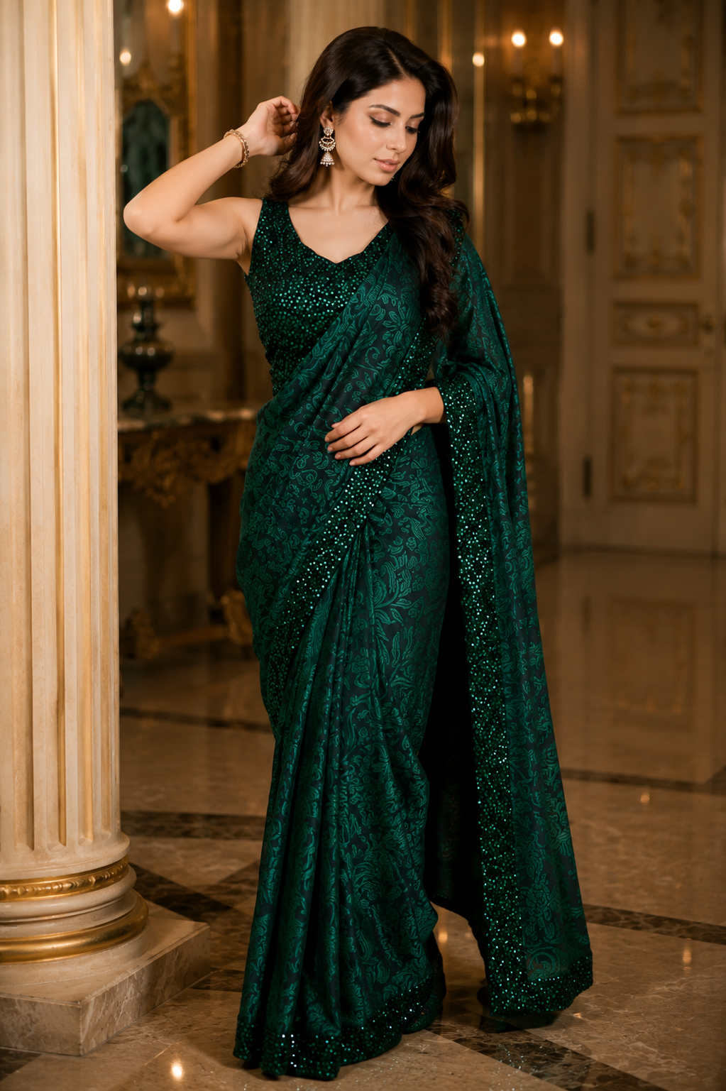 Women’s Lycra Blend Solid Saree – Elegant Stretchable Ethnic Wear (Navy Blue, 6.3M)