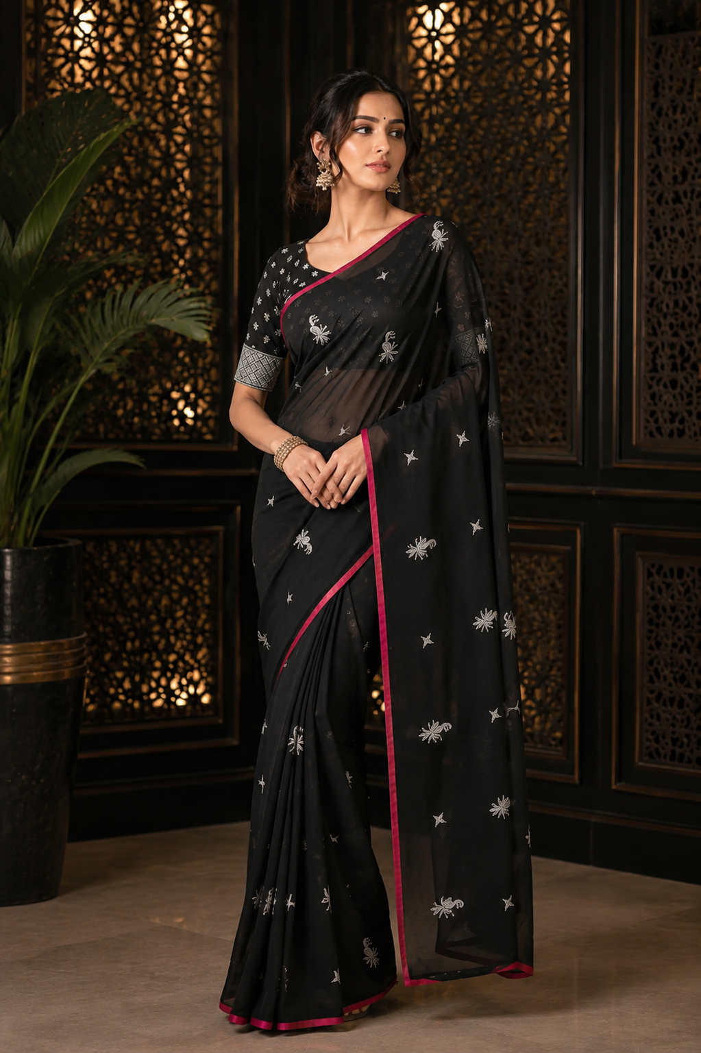 Women’s Elegant Jacquard Saree with Blouse – Traditional Wear (Black, 6.3M)