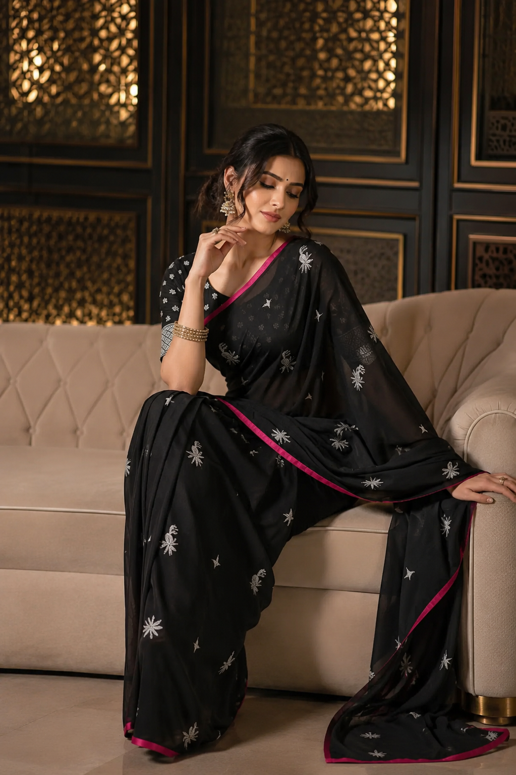 Women’s Elegant Jacquard Saree with Blouse – Traditional Wear (Black, 6.3M)