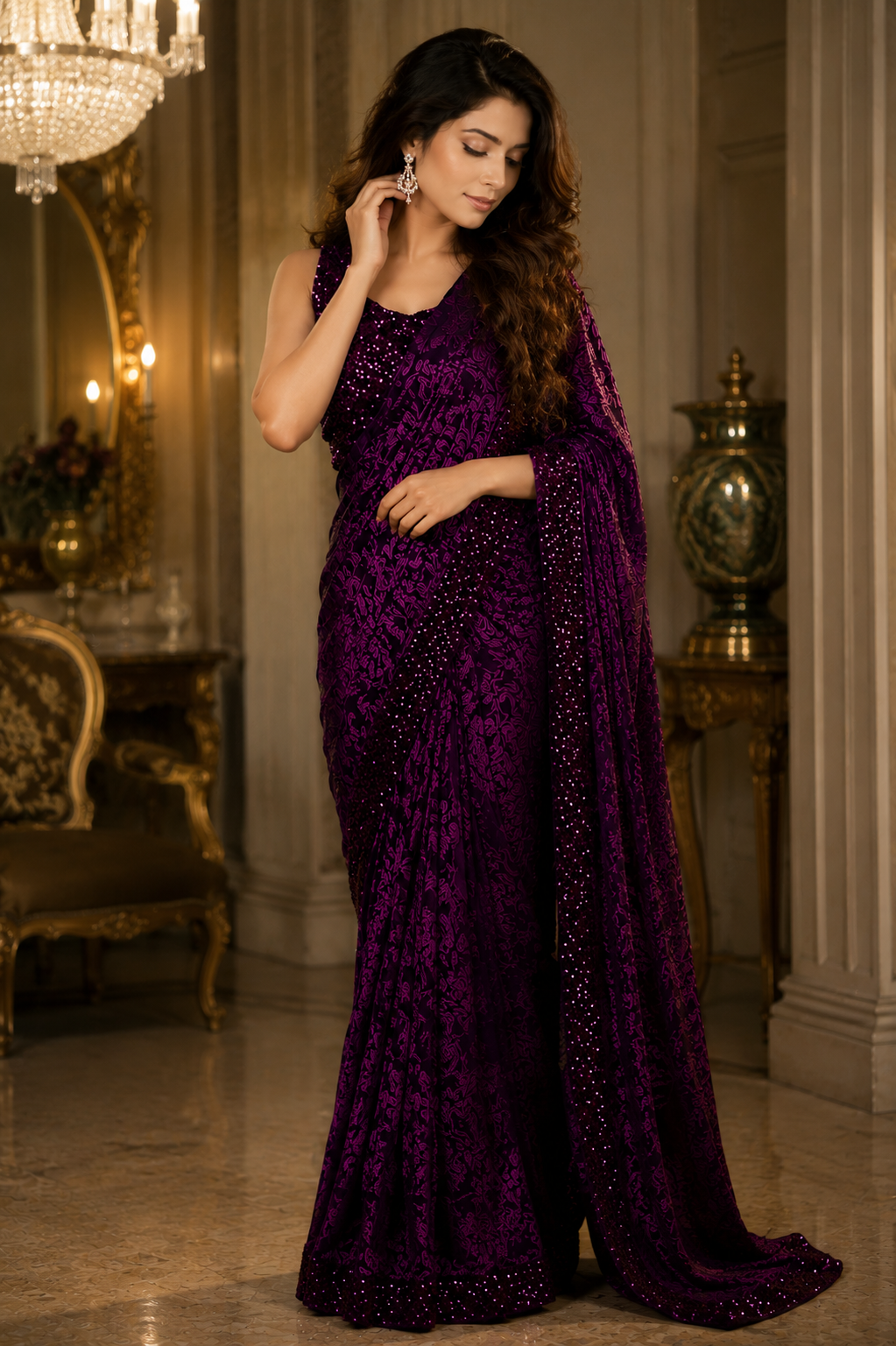 Women’s Lycra Blend Solid Saree – Elegant Stretchable Ethnic Wear (Navy Blue, 6.3M)