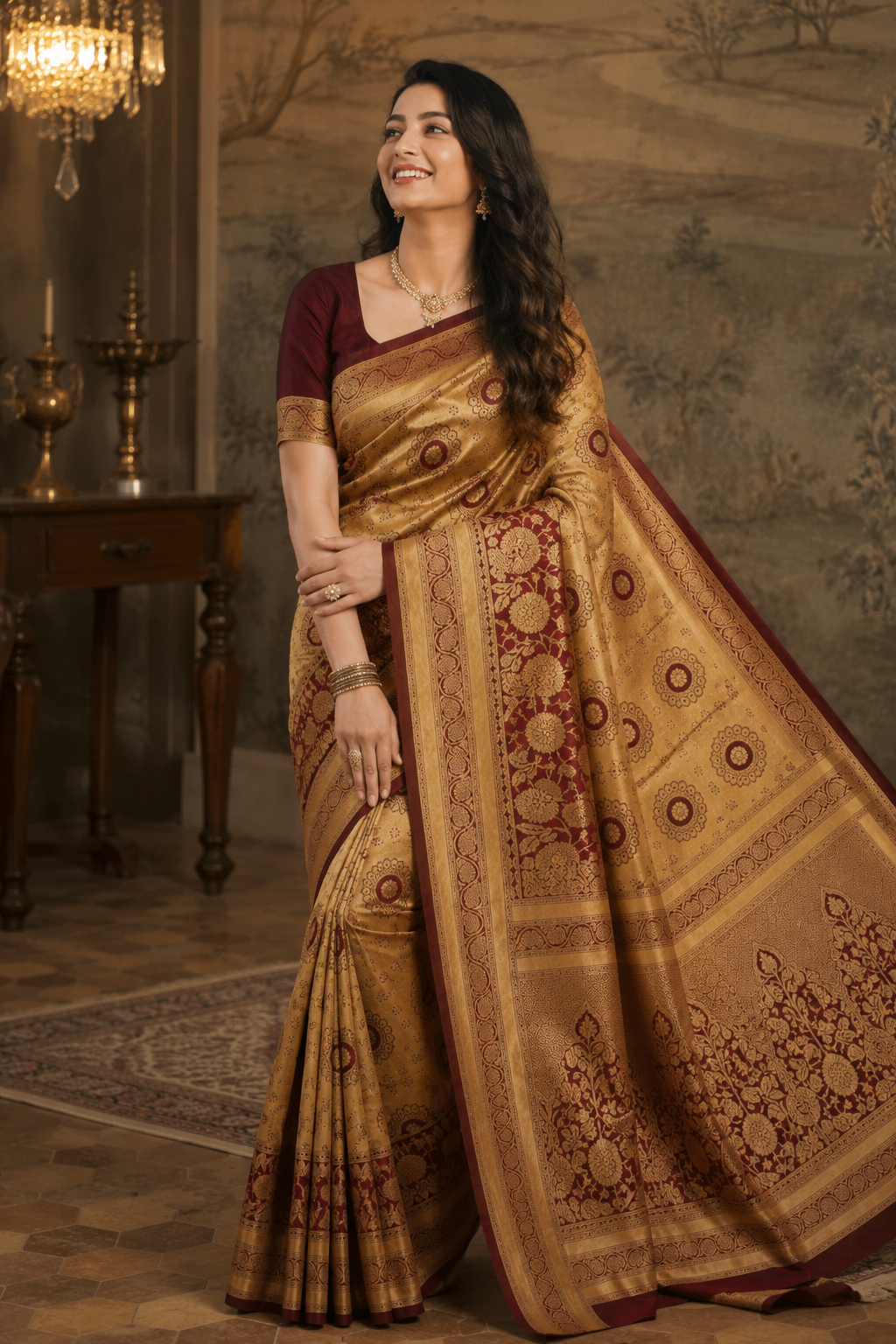 Women’s Jacquard Saree with Blouse – Elegant Festive Wear (Golden & Dark Red, 6.3M)
