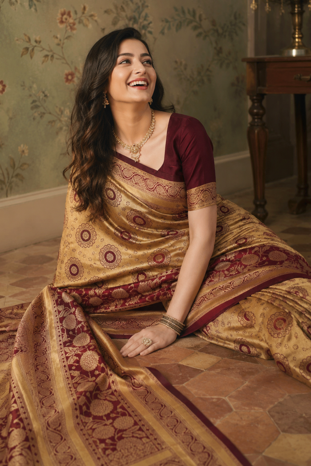Women’s Jacquard Saree with Blouse – Elegant Festive Wear (Golden & Dark Red, 6.3M)