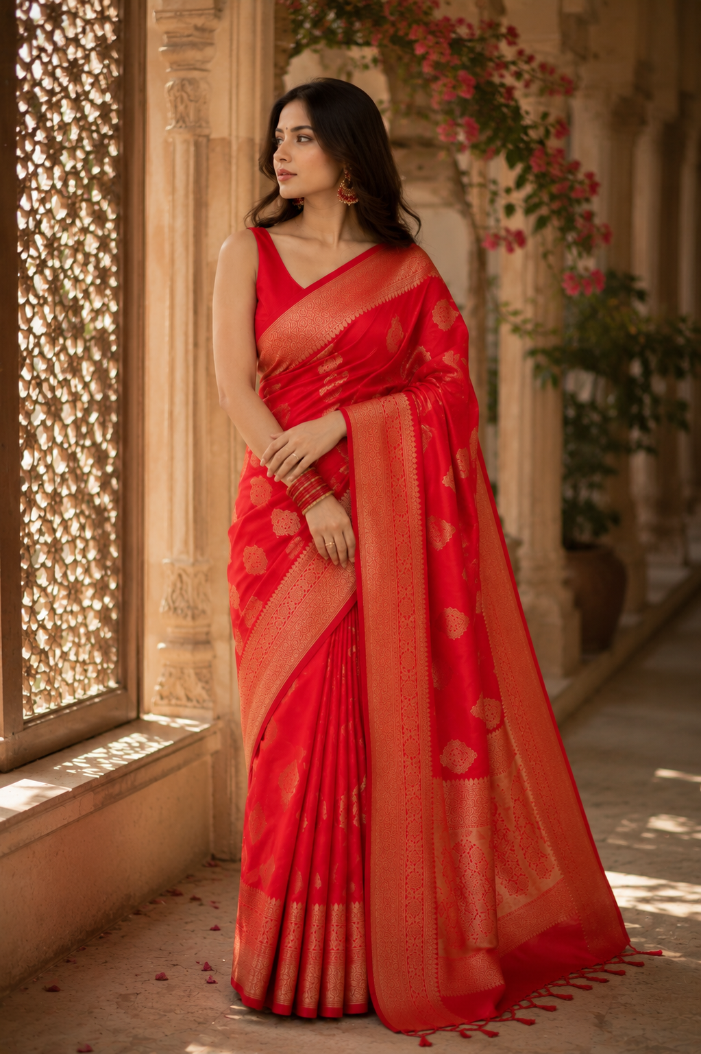 Women’s Jacquard Printed Saree – Elegant Traditional Wear (Red, 6.3M)