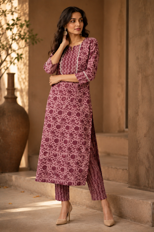 Floral Printed Women Cotton Kurta with Pant Set (2 Pcs Set)
