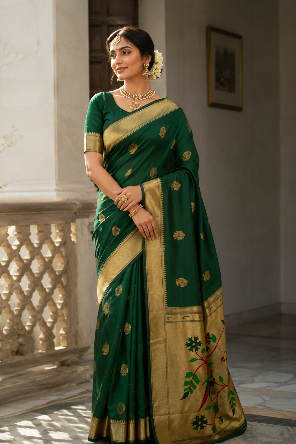 Women’s Jacquard Saree with Blouse – Elegant Traditional Wear (Green, 6.3M)