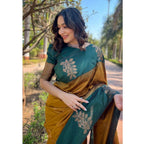Generic Women's Soft Lichi Silk Printed Saree With Unstitched Blouse 5.5Mtr (Mustard )