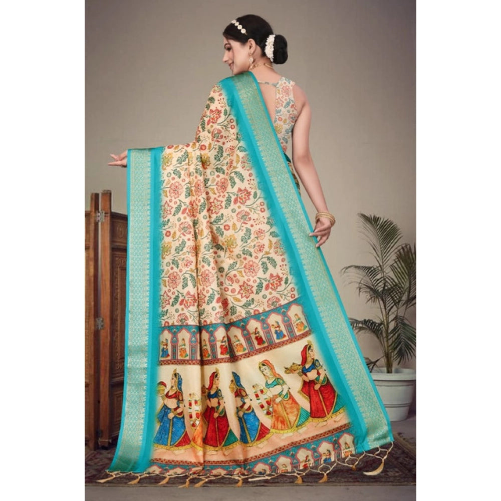 Generic Women's Cotton Silk  Printed Saree With Unstitched Blouse 5.5Mtr (Sky Blue)