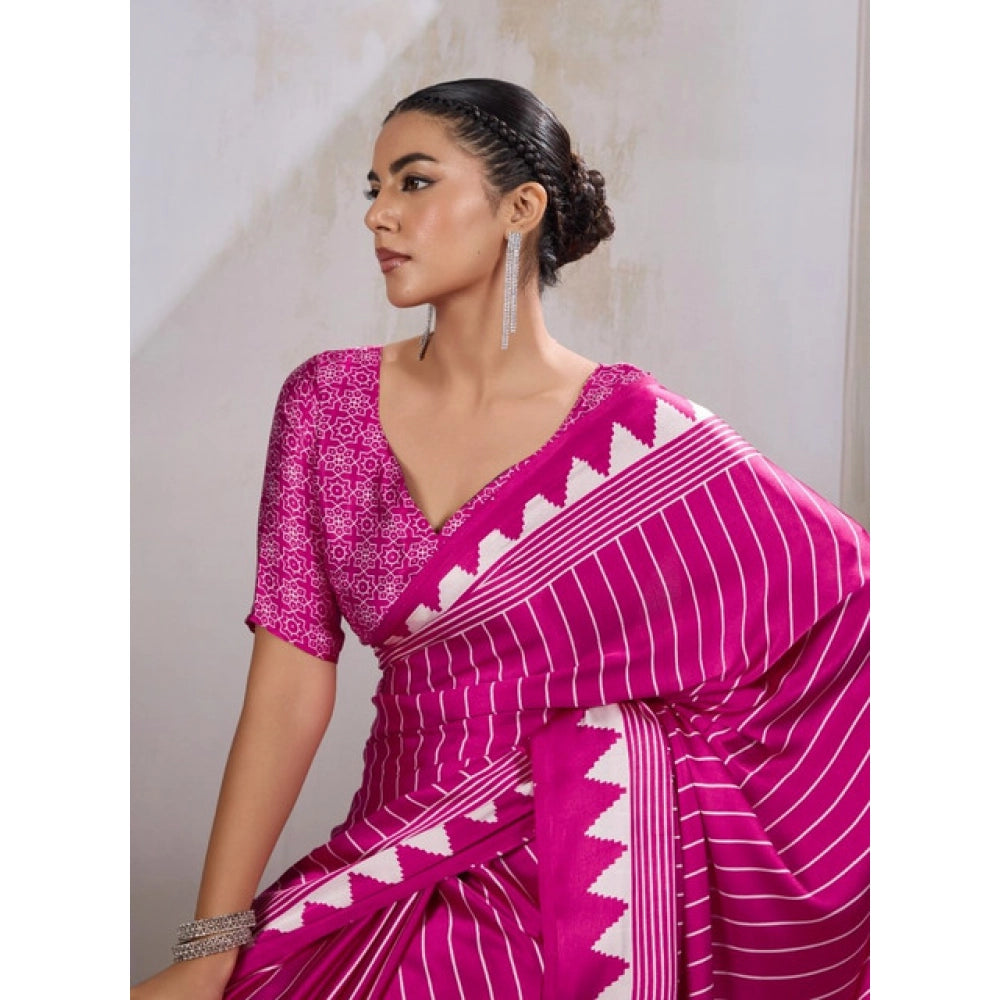 Generic Women's Satin Crepe Printed Saree With Unstitched Blouse 5.5Mtr (Pink)