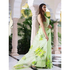 Generic Women's Linen Printed Saree With Unstitched Blouse 5.5Mtr (Green)