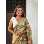 Generic Women's Linen Printed Saree With Unstitched Blouse 5.5Mtr (Mahendi)