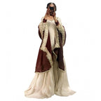 Generic Women's Silk Embroidered 3/4th Sleeve V-Neck Kurti With Sharara Pant and Dupatta Set (Cream &amp; Brown)