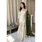Generic Women's Silk Embroidered 3/4th Sleeve V-Neck Kurti With Sharara Pant and Dupatta Set (Cream &amp; Green)