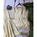 Generic Women's Silk Embroidered 3/4th Sleeve V-Neck Kurti With Sharara Pant and Dupatta Set (Cream &amp; Green)