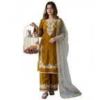 Generic Women's Silk Embroidered 3/4th Sleeve Round Kurti With Palazzo Pant and Dupatta Set (Gold)
