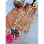 Generic Women's Silk Embroidered 3/4th Sleeve Round Kurti With Palazzo Pant and Dupatta Set (Orange)