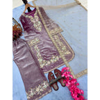 Generic Women's Silk Embroidered 3/4th Sleeve Round Kurti With Palazzo Pant and Dupatta Set (Lavender)