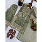 Generic Women's Silk Embroidered 3/4th Sleeve Round Kurti With Sharara Pant and Dupatta Set (Green)
