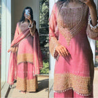 Generic Women's Silk Embroidered 3/4th Sleeve Round Kurti With Sharara Pant and Dupatta Set (Pink)