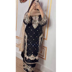 Generic Women's Silk Embroidered 3/4th Sleeve Round Readymade Kurti With Palazzo Pant and Dupatta Set (Black)