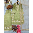 Generic Women's Silk Embroidered 3/4th Sleeve Round Readymade Kurti With Palazzo Pant and Dupatta Set (Pista)